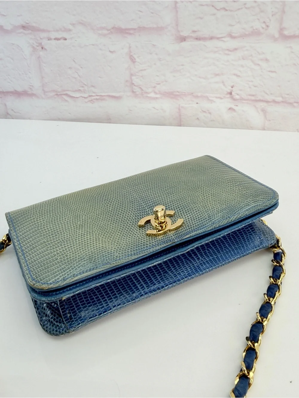 RARE Chanel Blue Lizard Skin Flap Bag Wallet on Chain 0 Series 1986-88